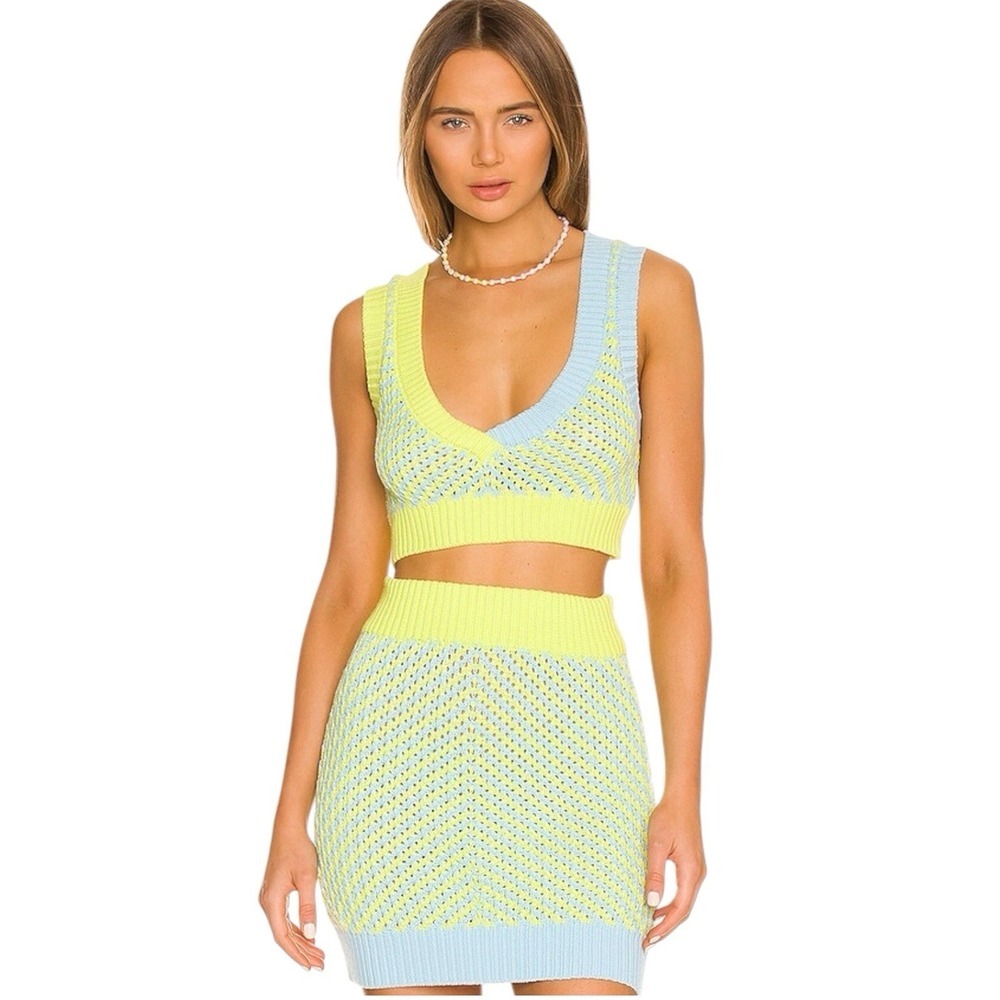 For Love & Lemons Jacinda Matching Knit Set Green Blue Crop Top Mini Skirt Sz S
